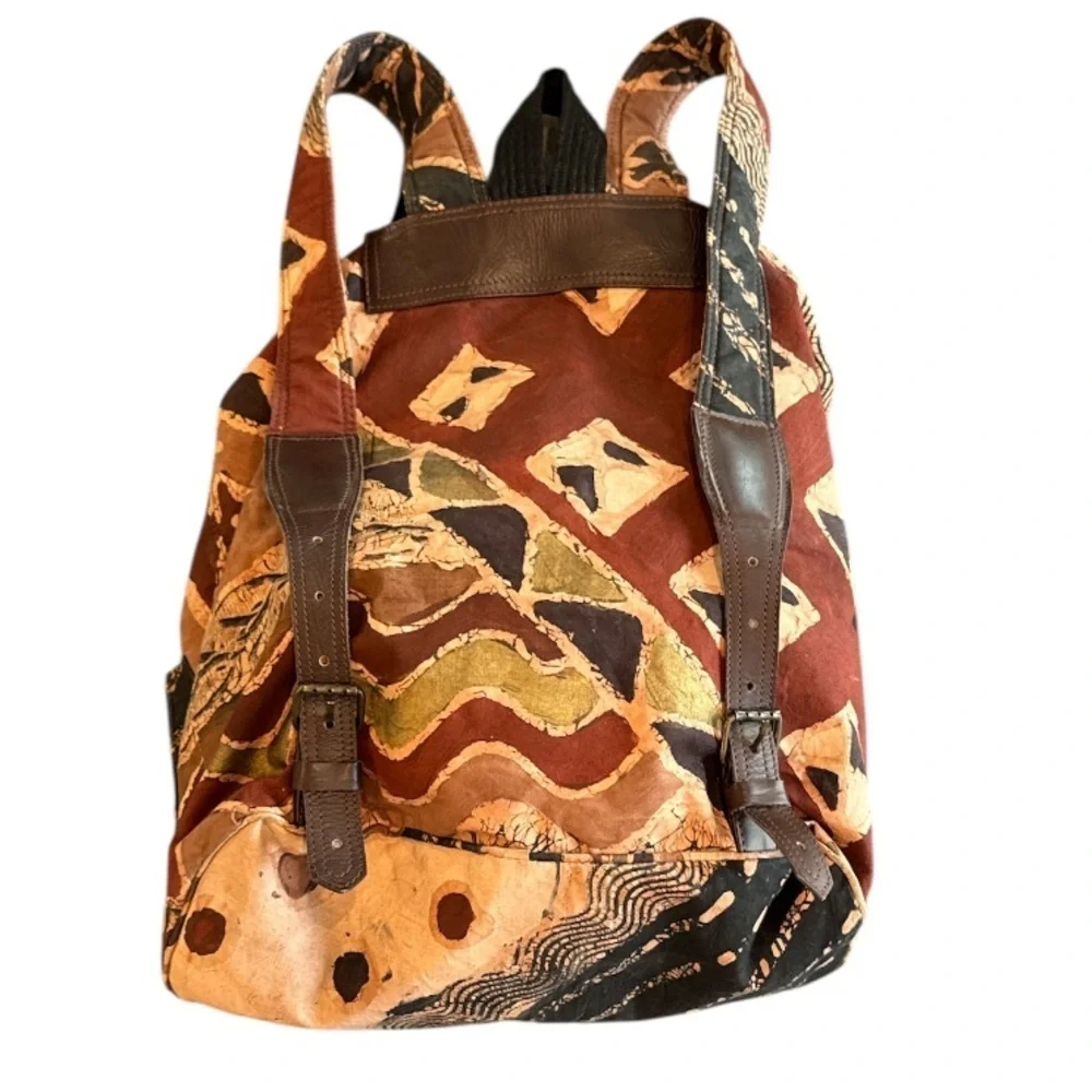 The Trading Company Brown Batik Print Cloth & Leather Backpack NWOT